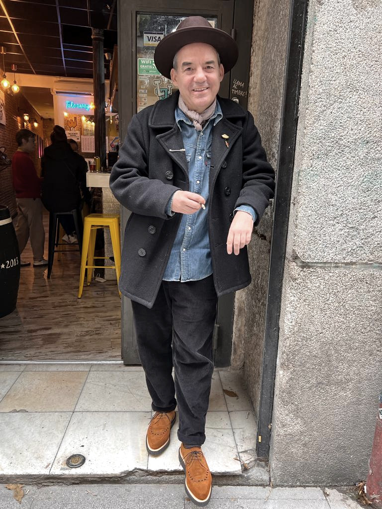 Javier Liñán wearing custom 1974 Pointed suede creepers