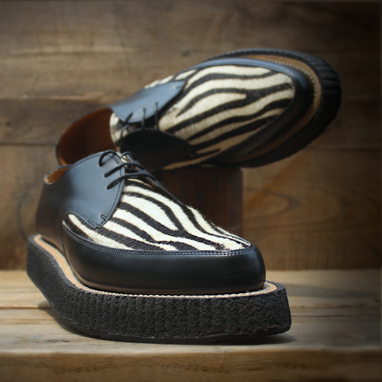 1974 Pointed Creepers in black boxcalf and zebra hair-on