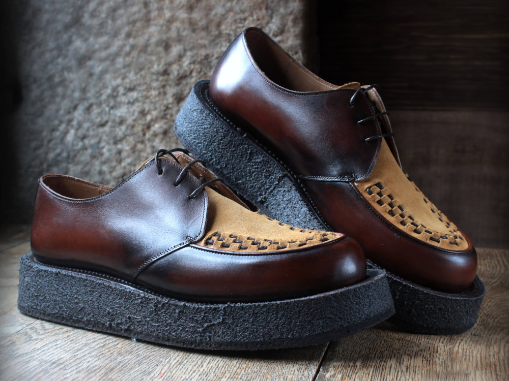 1956 Round Creepers in brown patina leather and suede with three-eyelet fastening