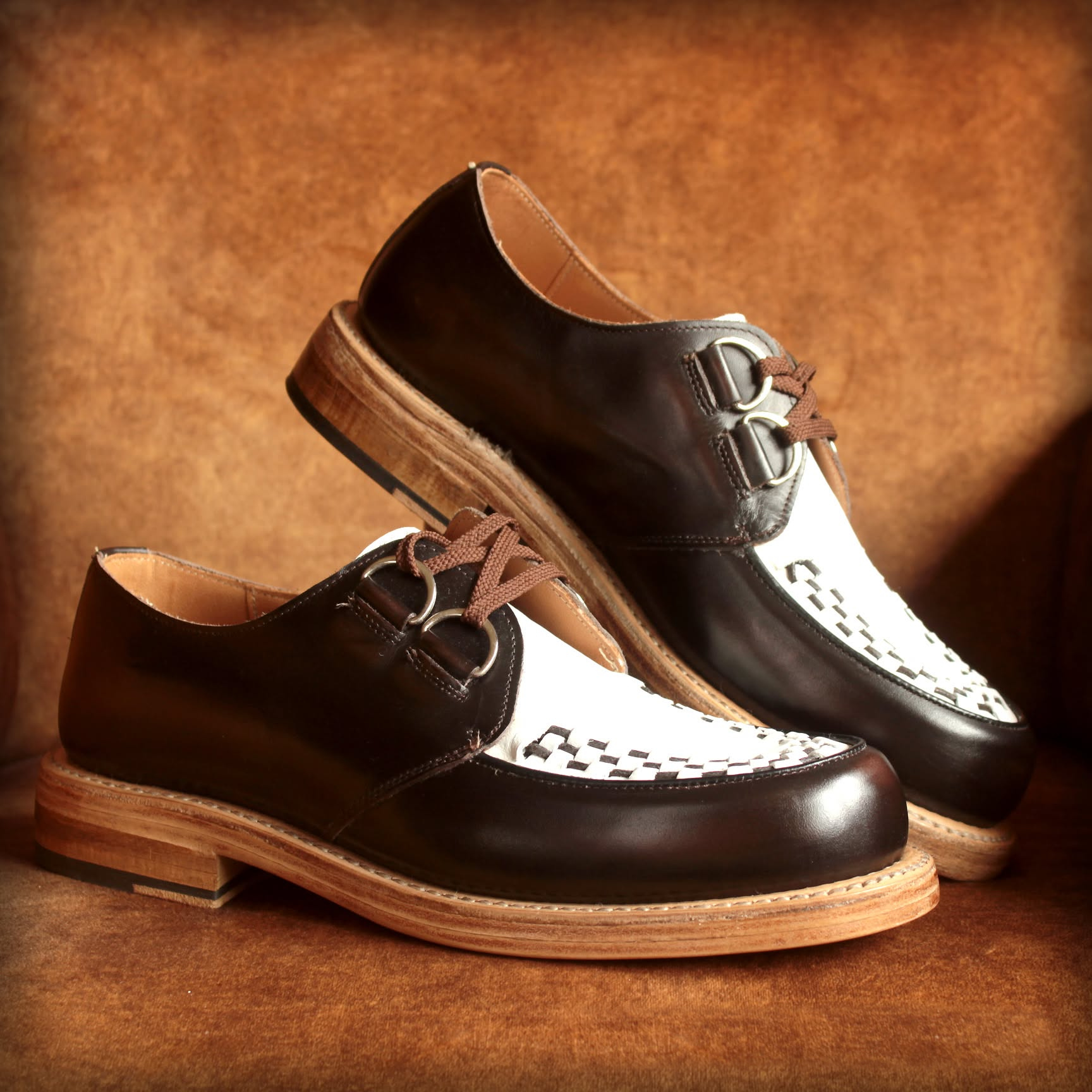 1956 Round Creepers in brown and white Italian leather with leather soles