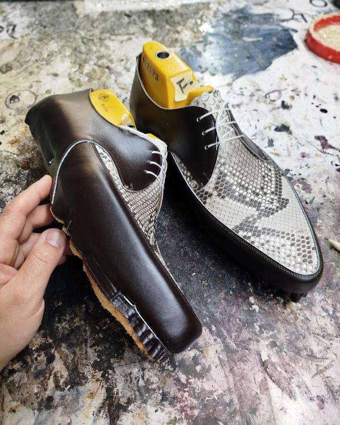 Handcrafted creeper shoe during the making process in our workshop