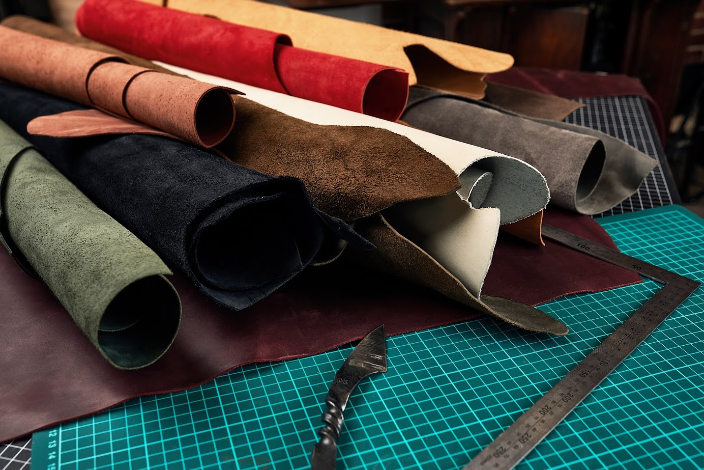Selection of fine leathers and suedes in our workshop
