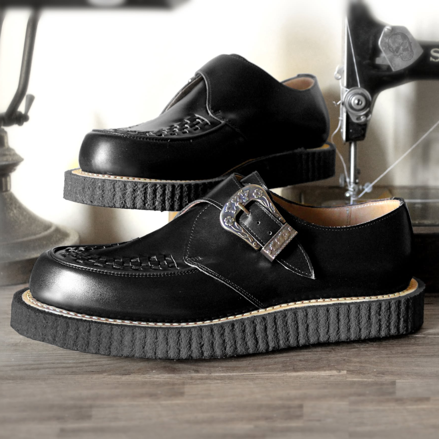 1956 Round black leather Creepers with buckle fastening